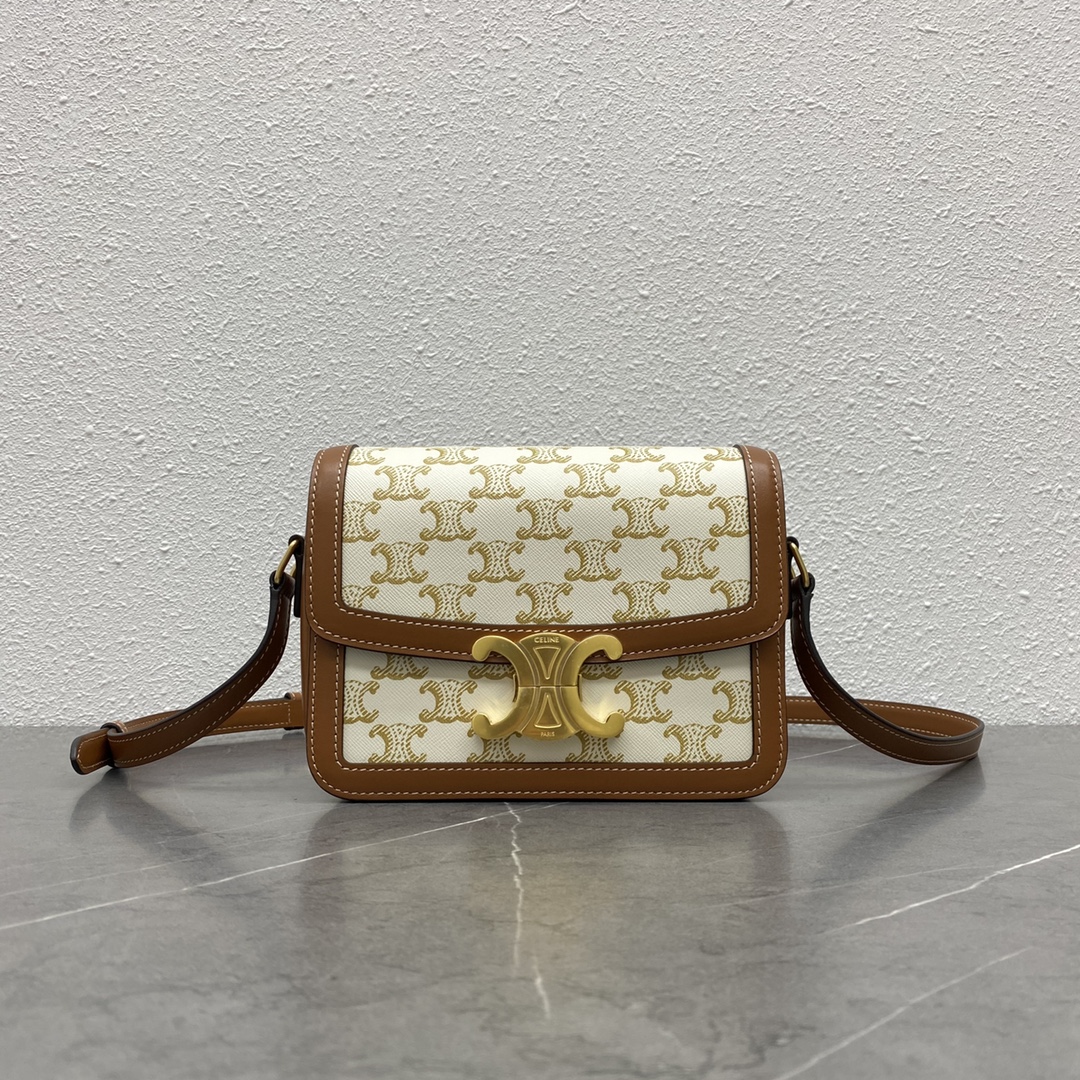 Celine Teen Triomphe Bag In Triomphe Canvas And Calfskin White/Tan 188423